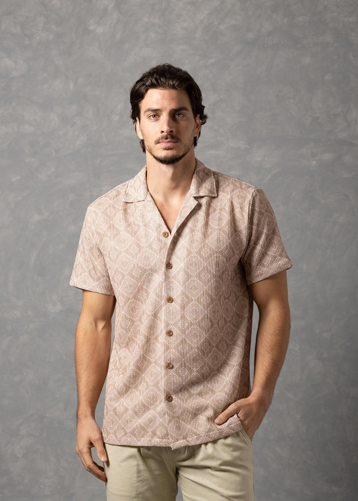 Sahara Geo – Textured Geometric Knit Short Sleeve Button-Up