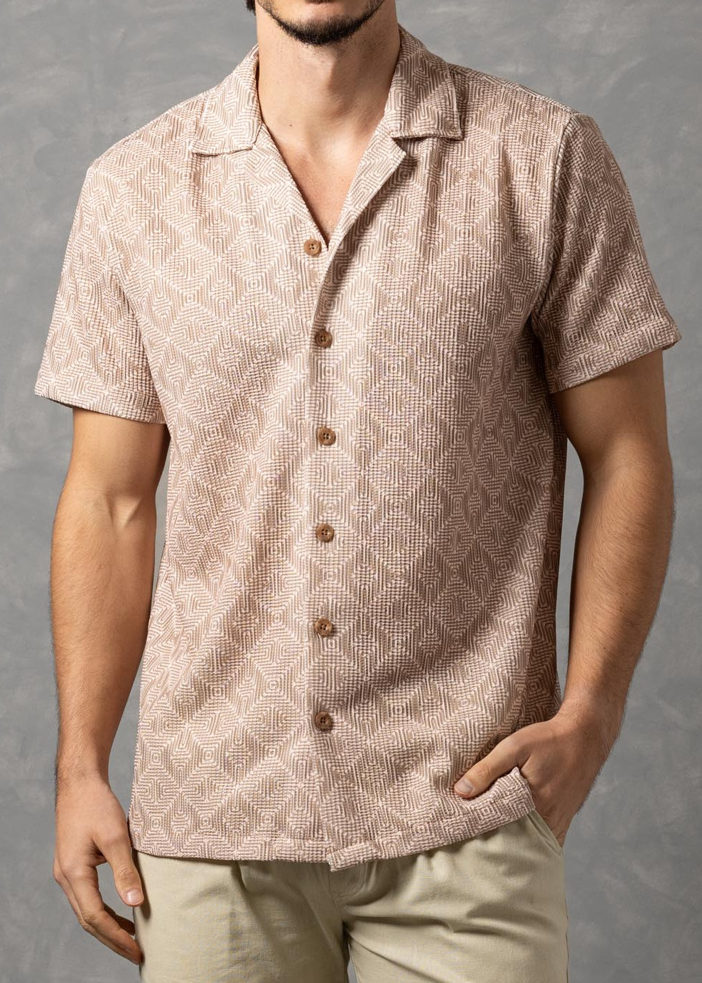 Sahara Geo – Textured Geometric Knit Short Sleeve Button-Up