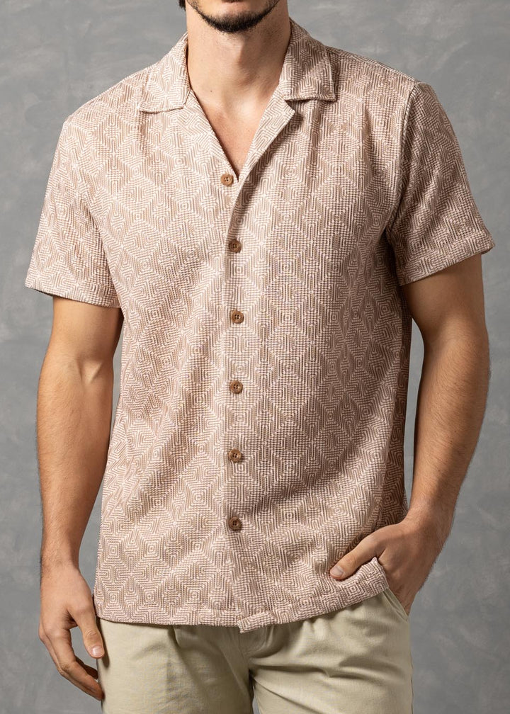 Sahara Geo – Textured Geometric Knit Short Sleeve Button-Up