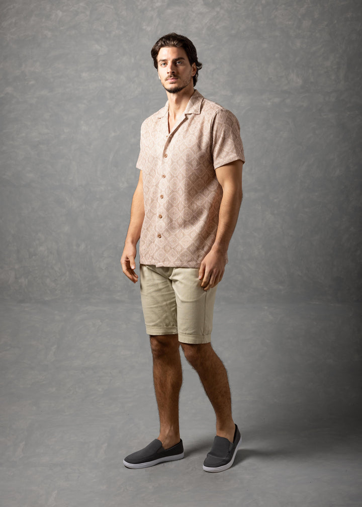 Sahara Geo – Textured Geometric Knit Short Sleeve Button-Up