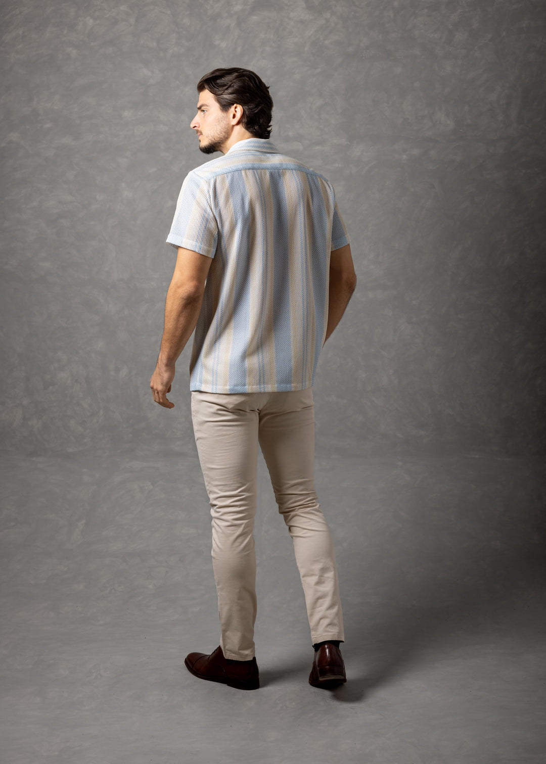 Light Blue Multi-Stripe Textured Knit Short Sleeve Button-Up Shirt