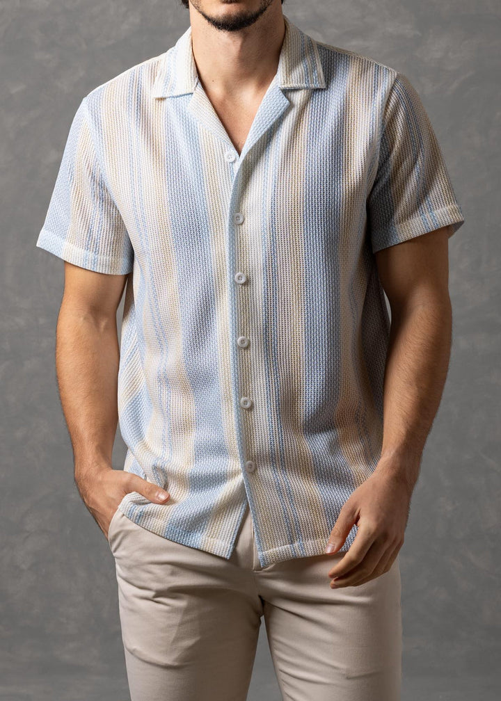 Light Blue Multi-Stripe Textured Knit Short Sleeve Button-Up Shirt