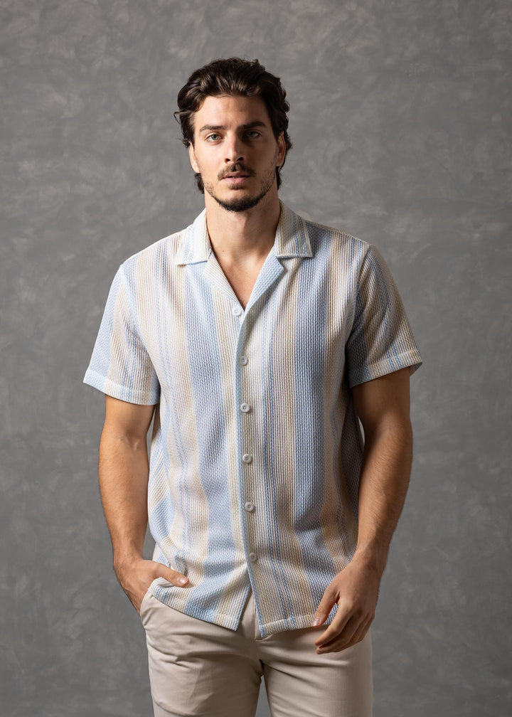 Light Blue Multi-Stripe Textured Knit Short Sleeve Button-Up Shirt