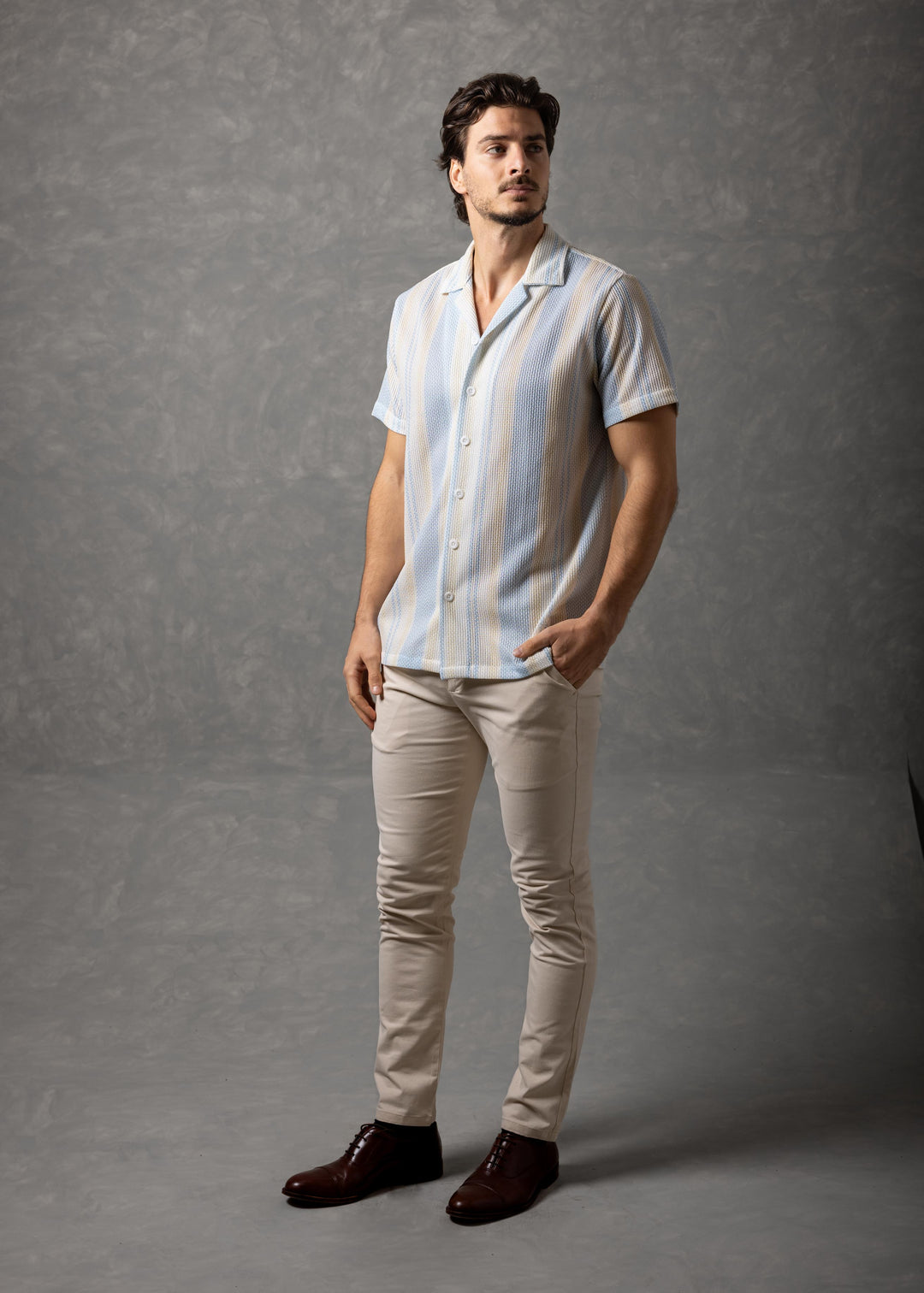 Light Blue Multi-Stripe Textured Knit Short Sleeve Button-Up Shirt