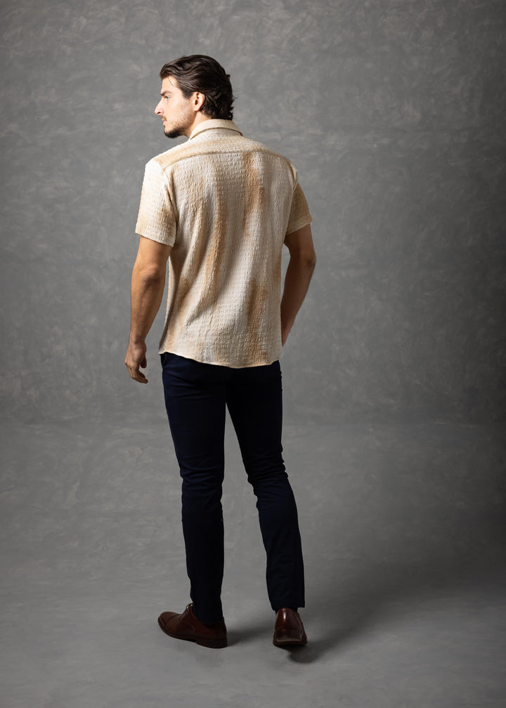 Tonal Textured Knit Short Sleeve Button-Up Shirt