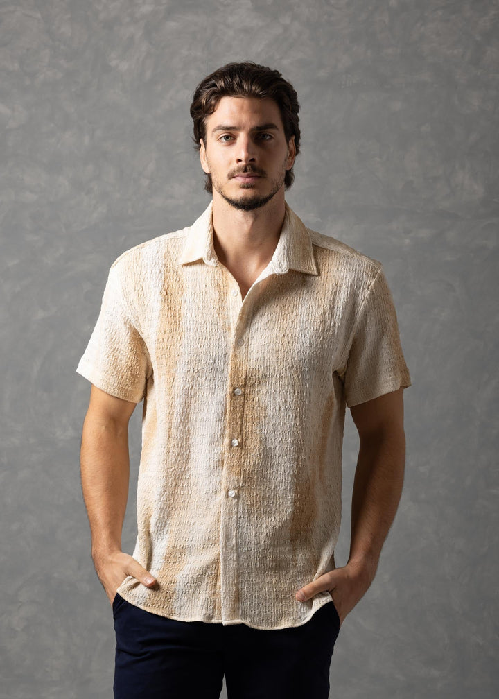 Tonal Textured Knit Short Sleeve Button-Up Shirt