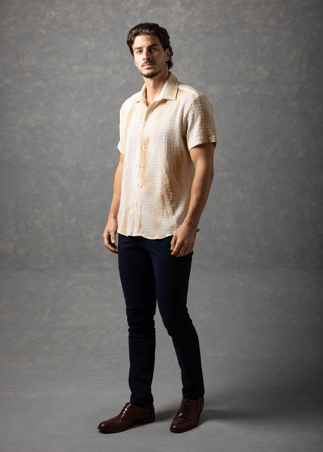 Tonal Textured Knit Short Sleeve Button-Up Shirt