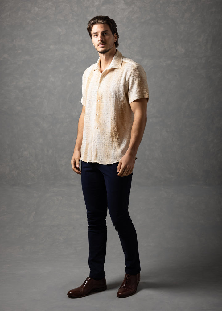 Tonal Textured Knit Short Sleeve Button-Up Shirt