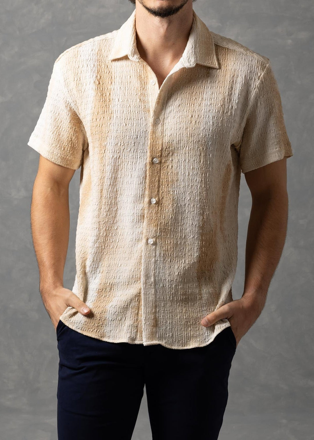 Tonal Textured Knit Short Sleeve Button-Up Shirt