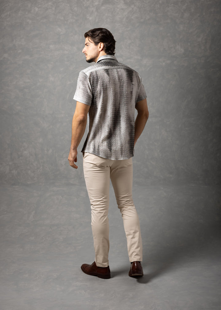Tonal Textured Knit Short Sleeve Button-Up Shirt