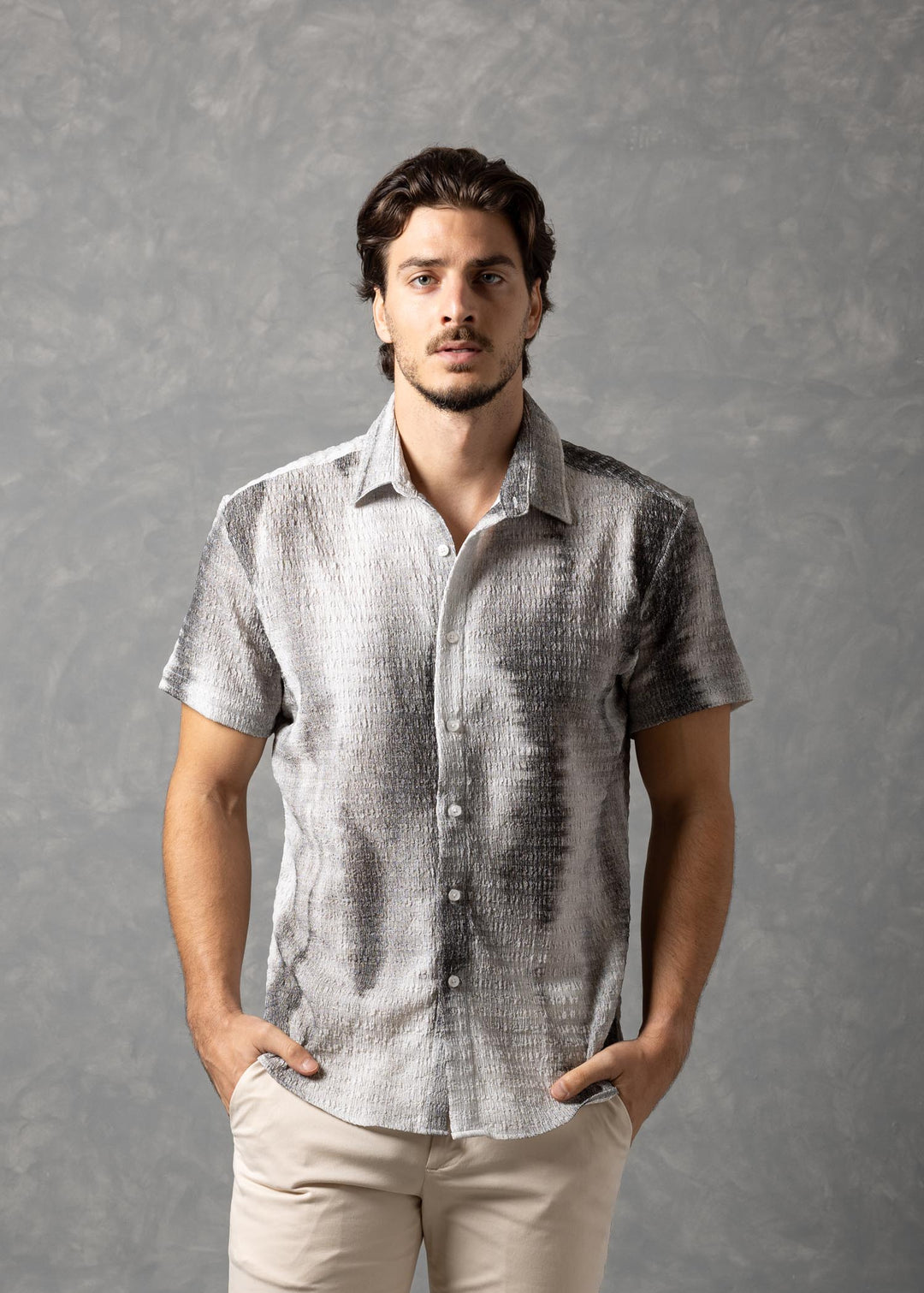 Tonal Textured Knit Short Sleeve Button-Up Shirt