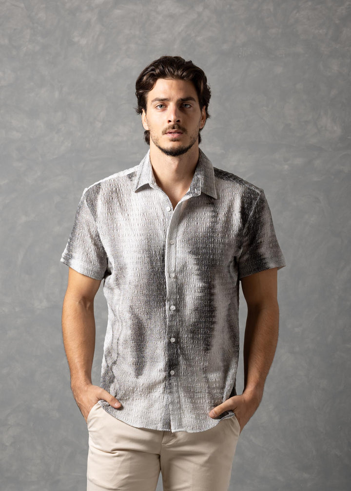 Tonal Textured Knit Short Sleeve Button-Up Shirt