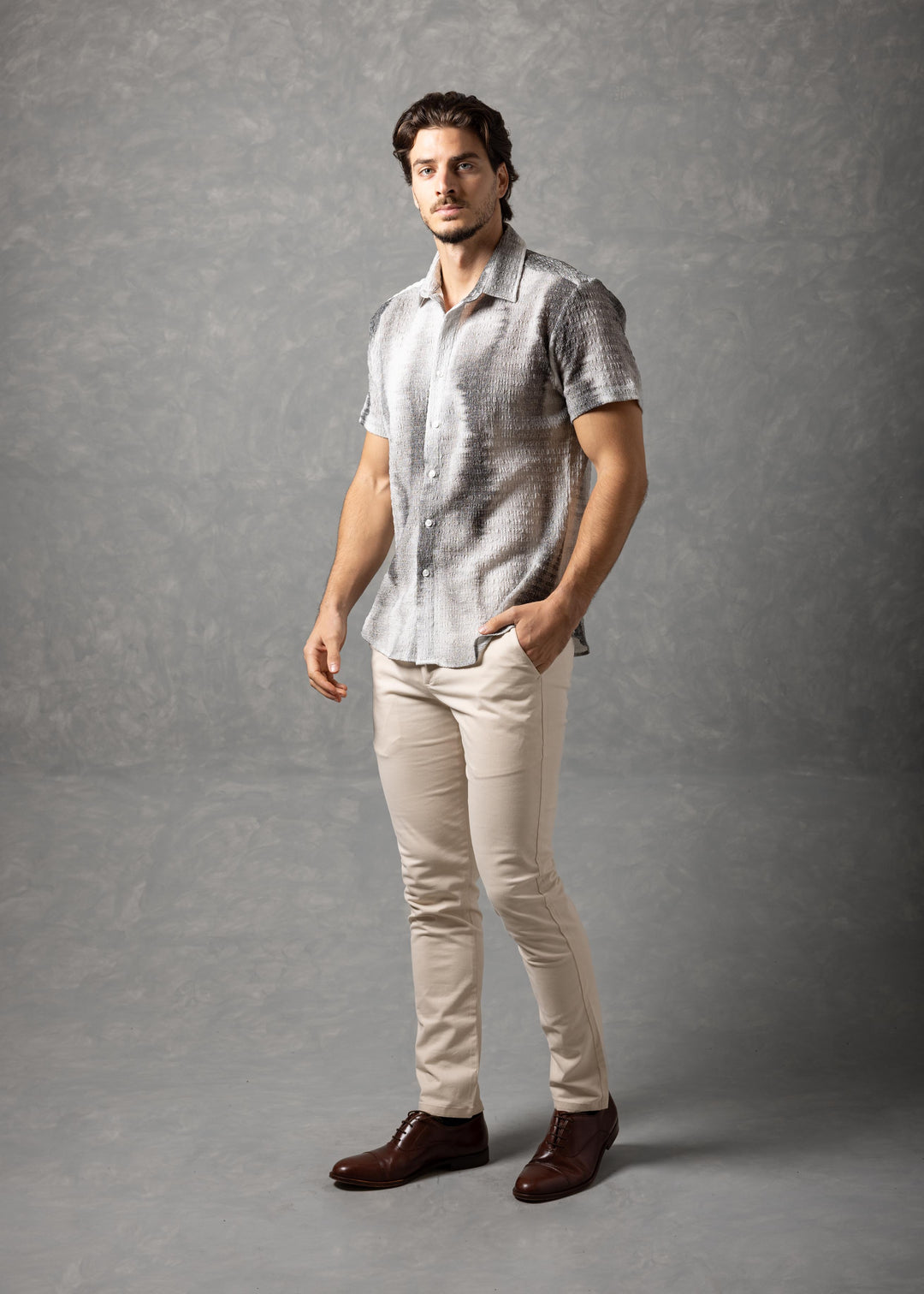 Tonal Textured Knit Short Sleeve Button-Up Shirt