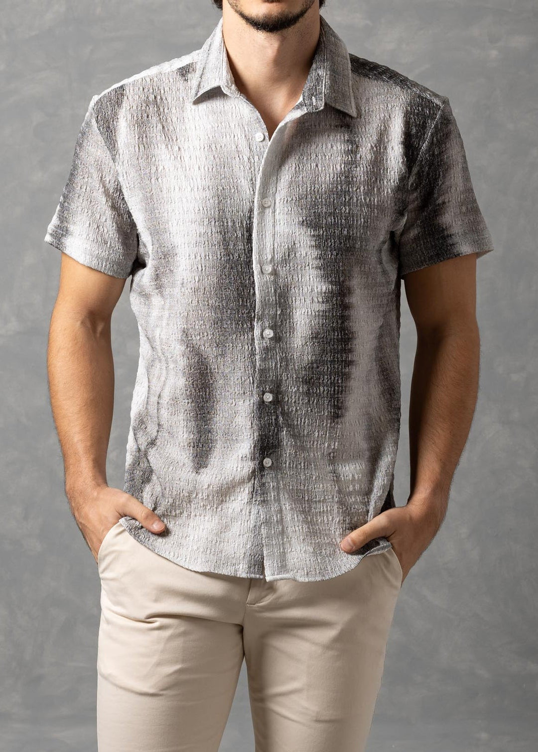 Tonal Textured Knit Short Sleeve Button-Up Shirt