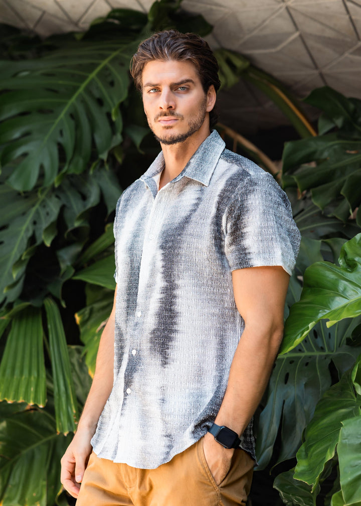 Tonal Textured Knit Short Sleeve Button-Up Shirt