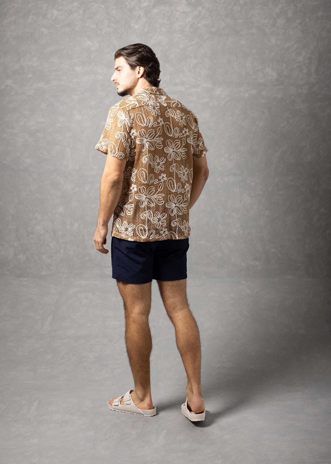 Floral Open Knit Button-Up Short Sleeve Shirt