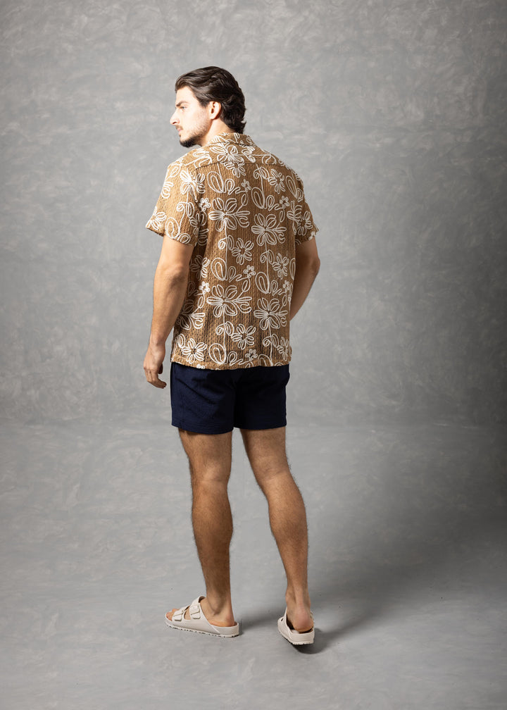 Floral Open Knit Button-Up Short Sleeve Shirt