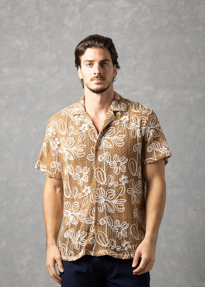 Floral Open Knit Button-Up Short Sleeve Shirt