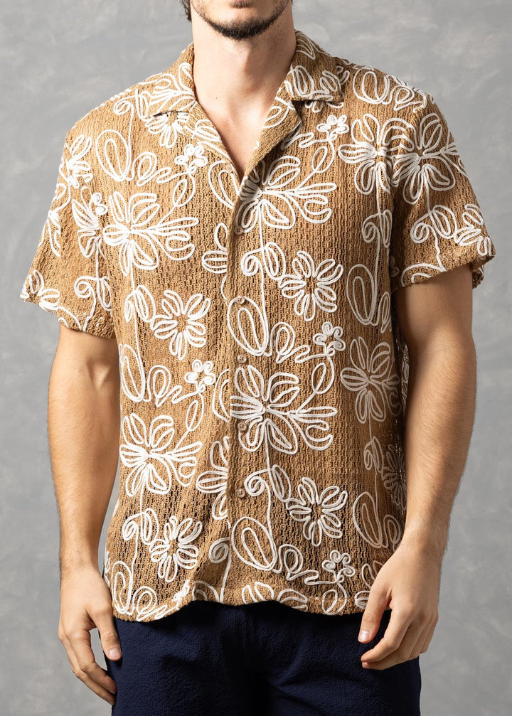 Floral Open Knit Button-Up Short Sleeve Shirt