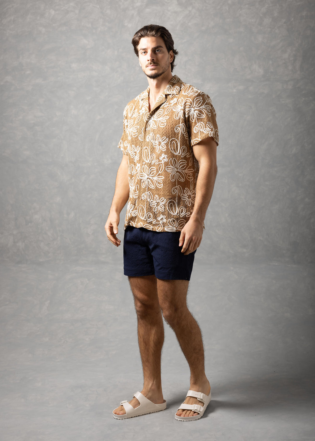 Floral Open Knit Button-Up Short Sleeve Shirt