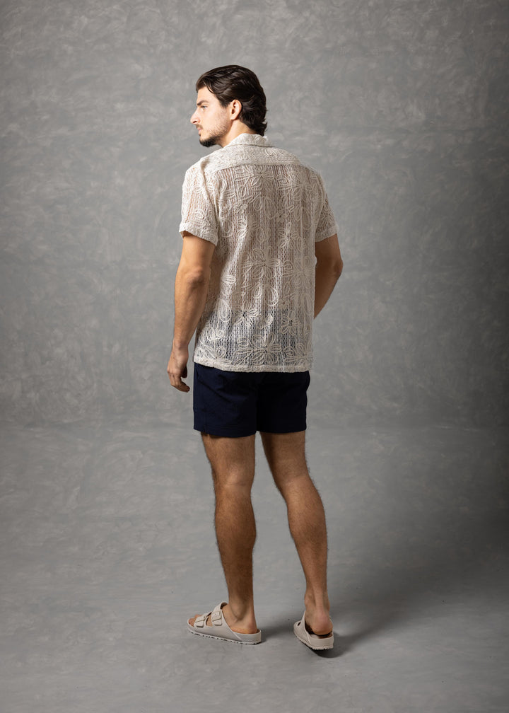 Floral Open Knit Button-Up Short Sleeve Shirt