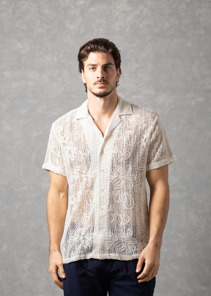 Floral Open Knit Button-Up Short Sleeve Shirt