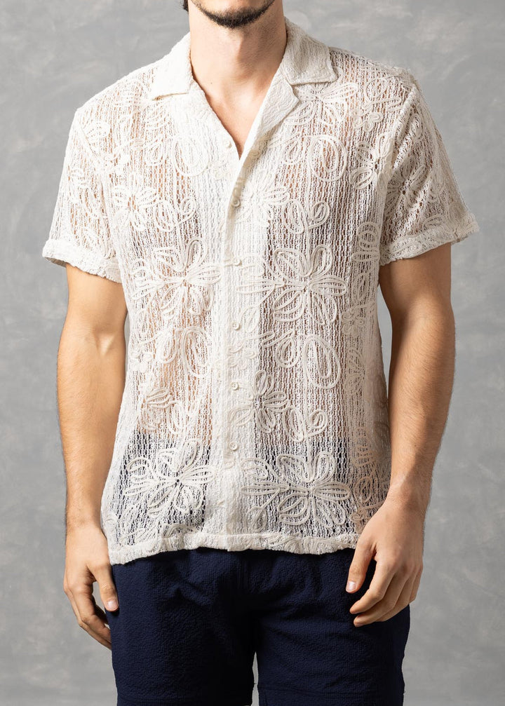 Floral Open Knit Button-Up Short Sleeve Shirt