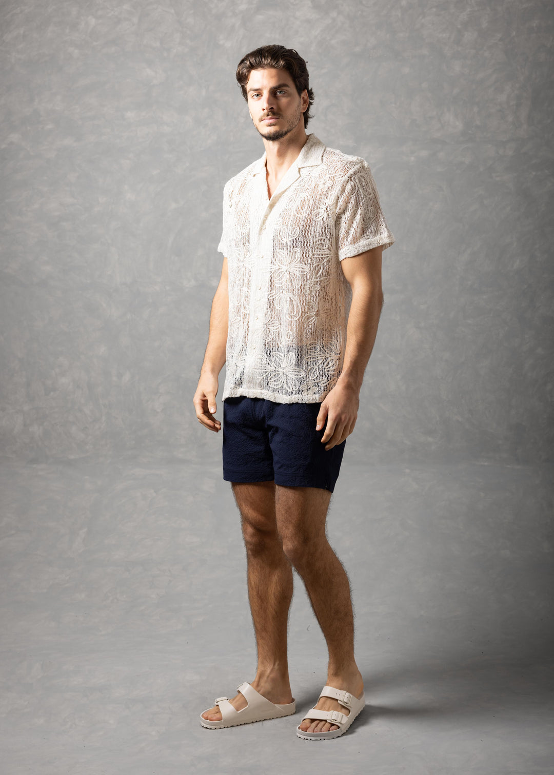 Floral Open Knit Button-Up Short Sleeve Shirt