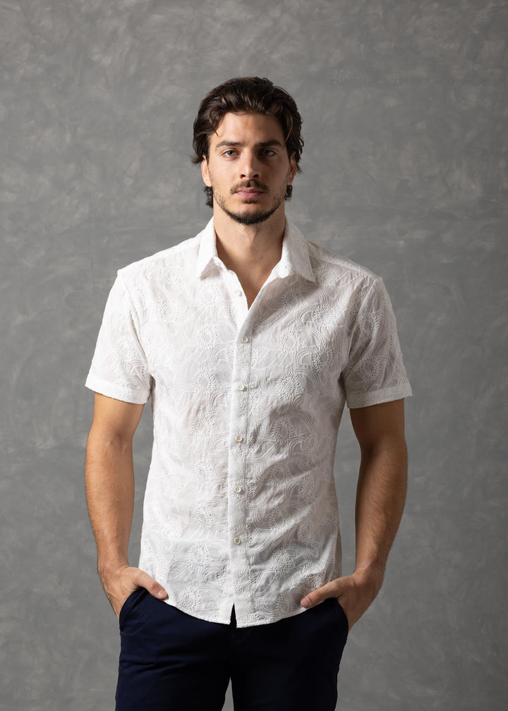 Floral Textured Short Sleeve Button-Up Shirt