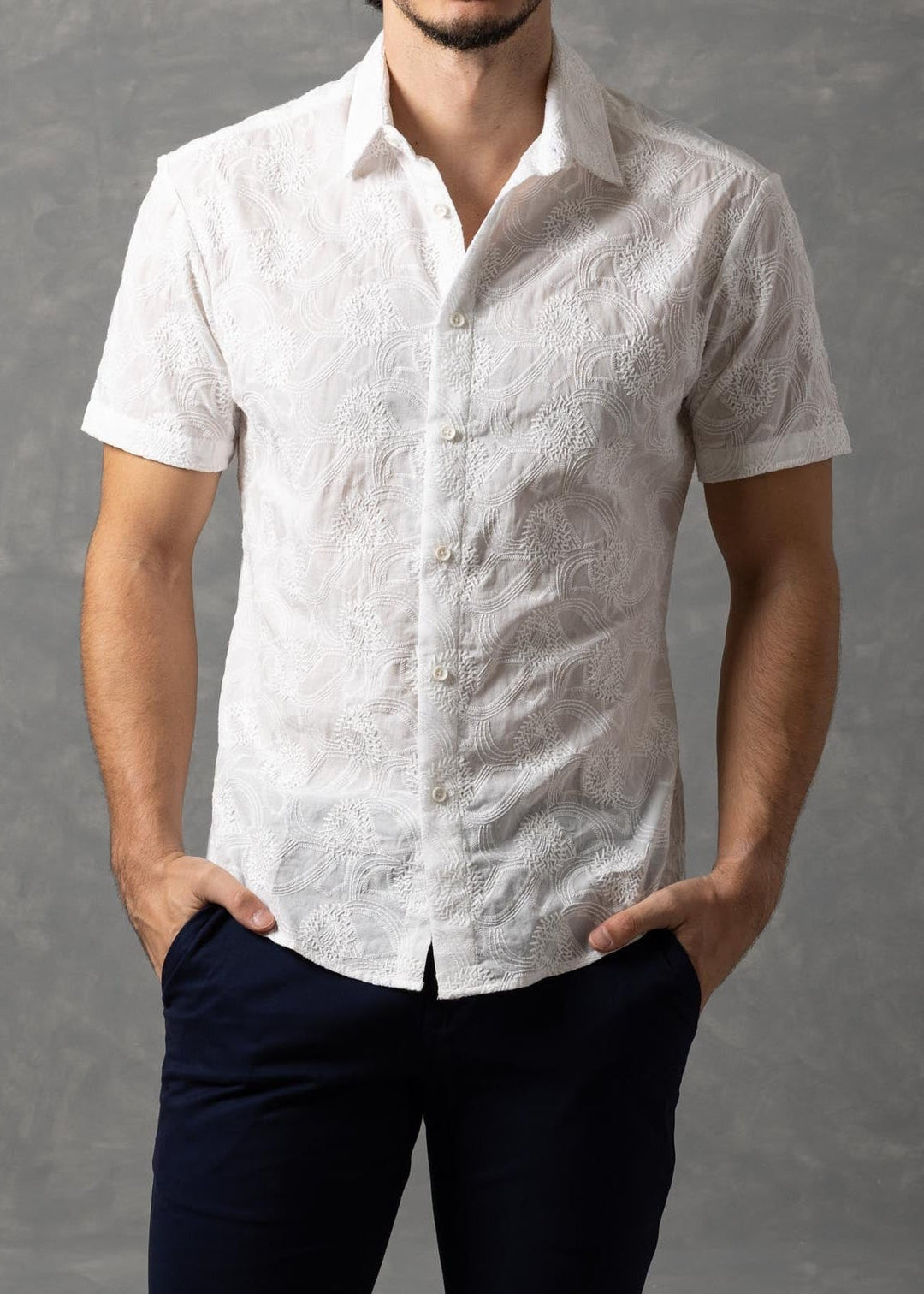 Floral Textured Short Sleeve Button-Up Shirt