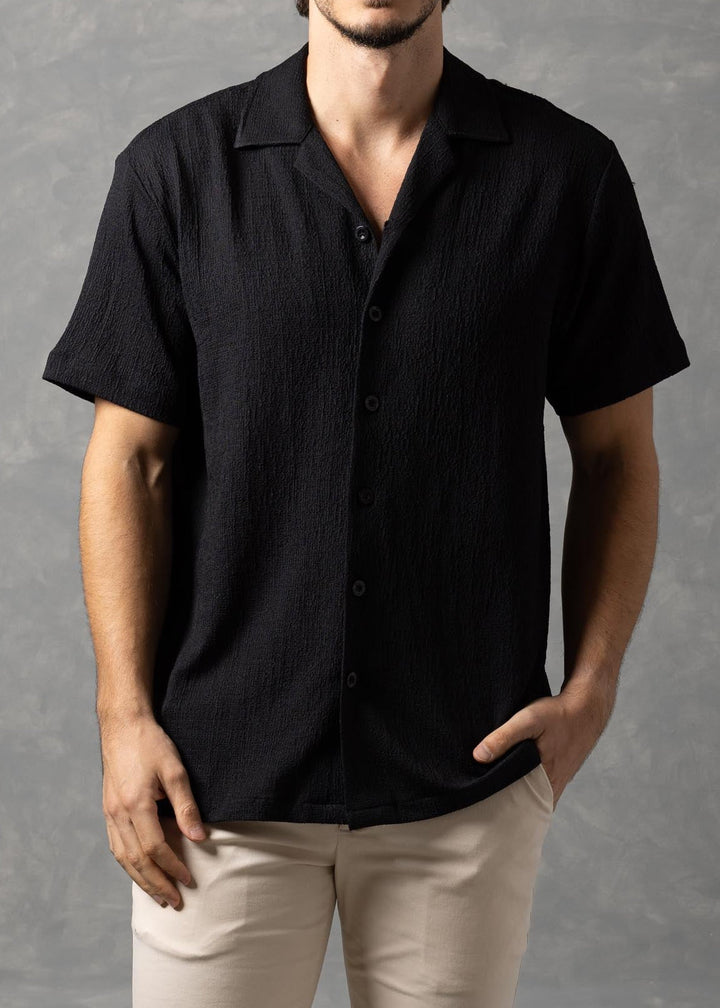 Crinkle Texture Short Sleeve Button-Up Shirt