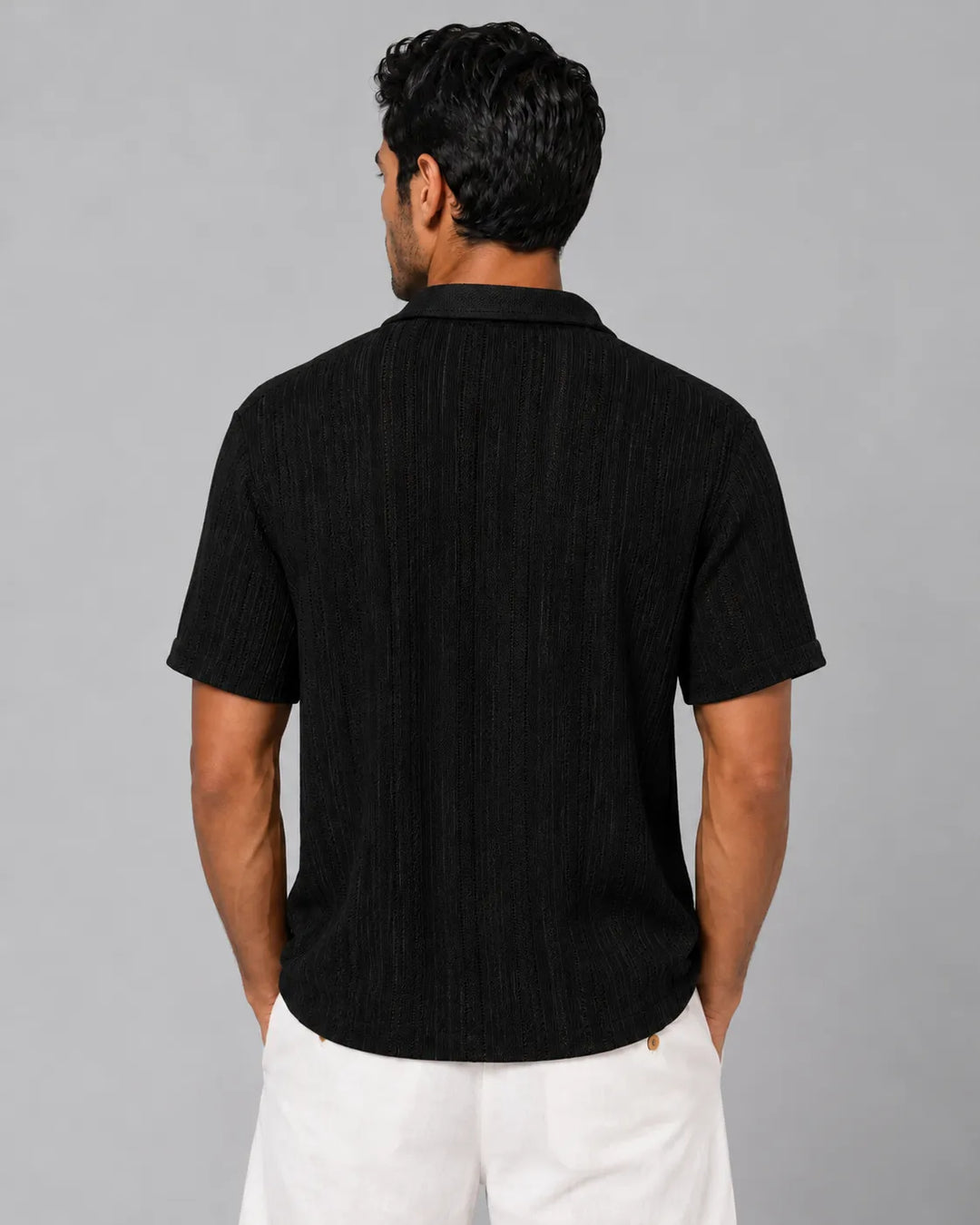 Linear Texture Cotton Short Sleeve Button-Up Shirt
