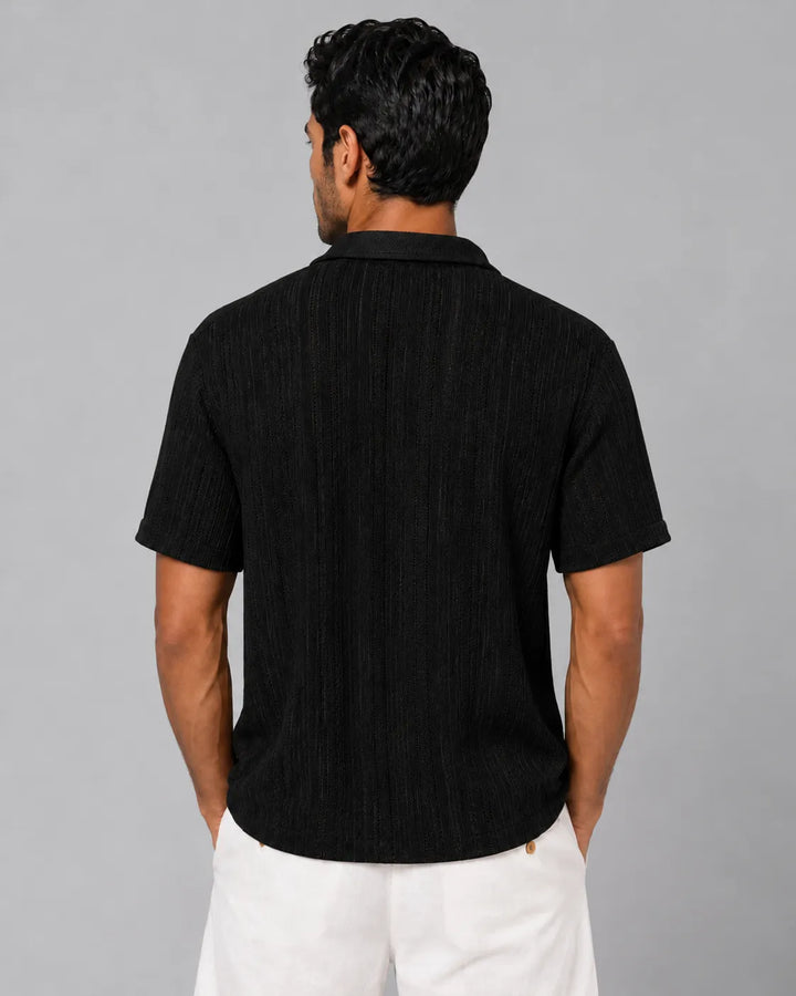 Linear Texture Cotton Short Sleeve Button-Up Shirt
