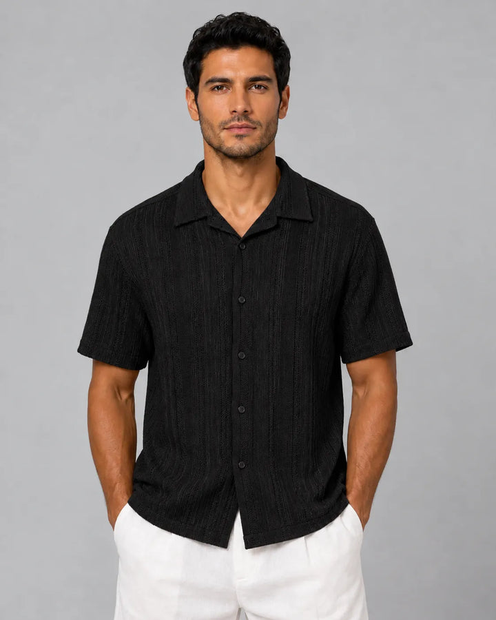 Linear Texture Cotton Short Sleeve Button-Up Shirt
