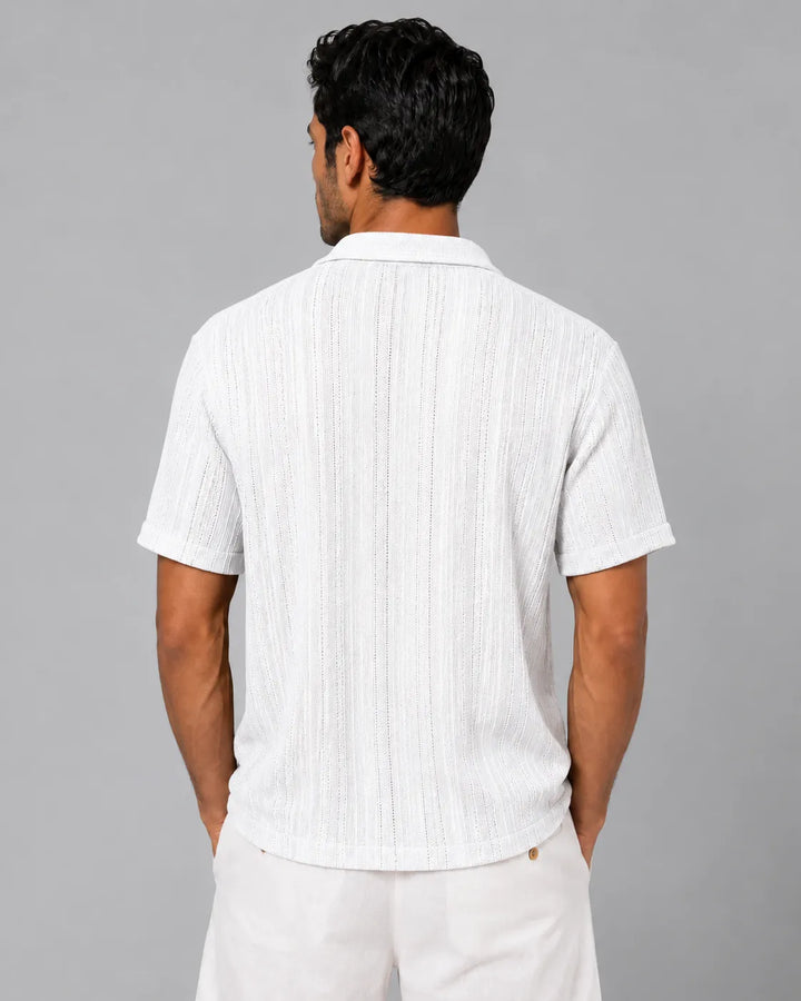Linear Texture Cotton Short Sleeve Button-Up Shirt