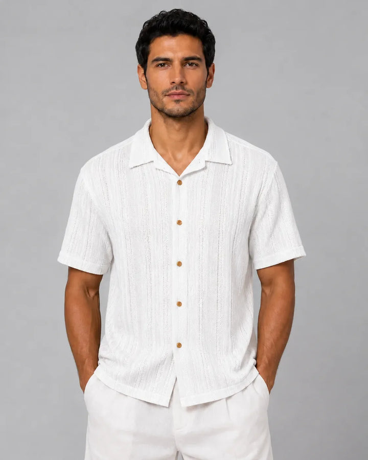 Linear Texture Cotton Short Sleeve Button-Up Shirt