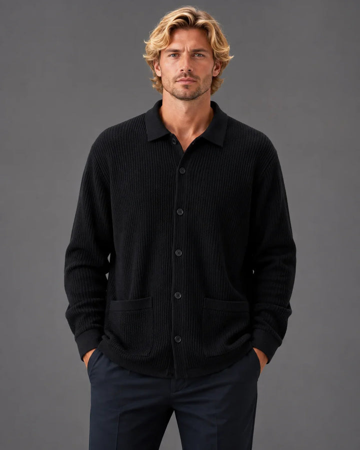 Textured Rib Knit Collared Button-Up Sweater