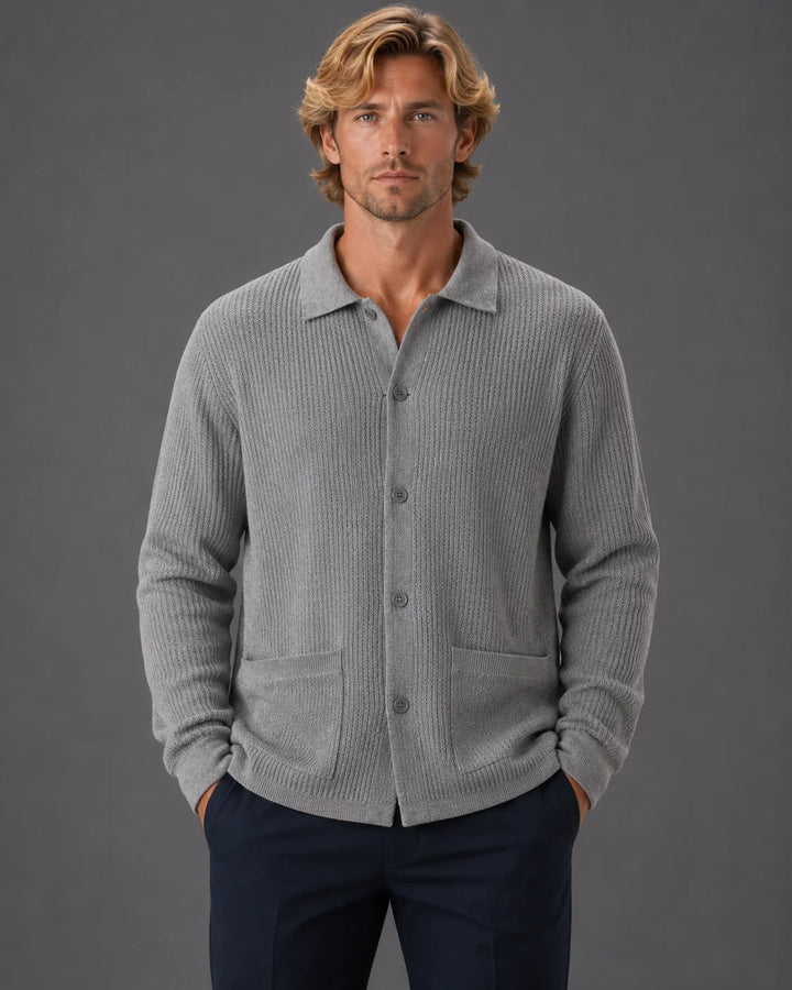 Textured Rib Knit Collared Button-Up Sweater
