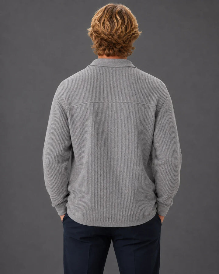 Textured Rib Knit Collared Button-Up Sweater