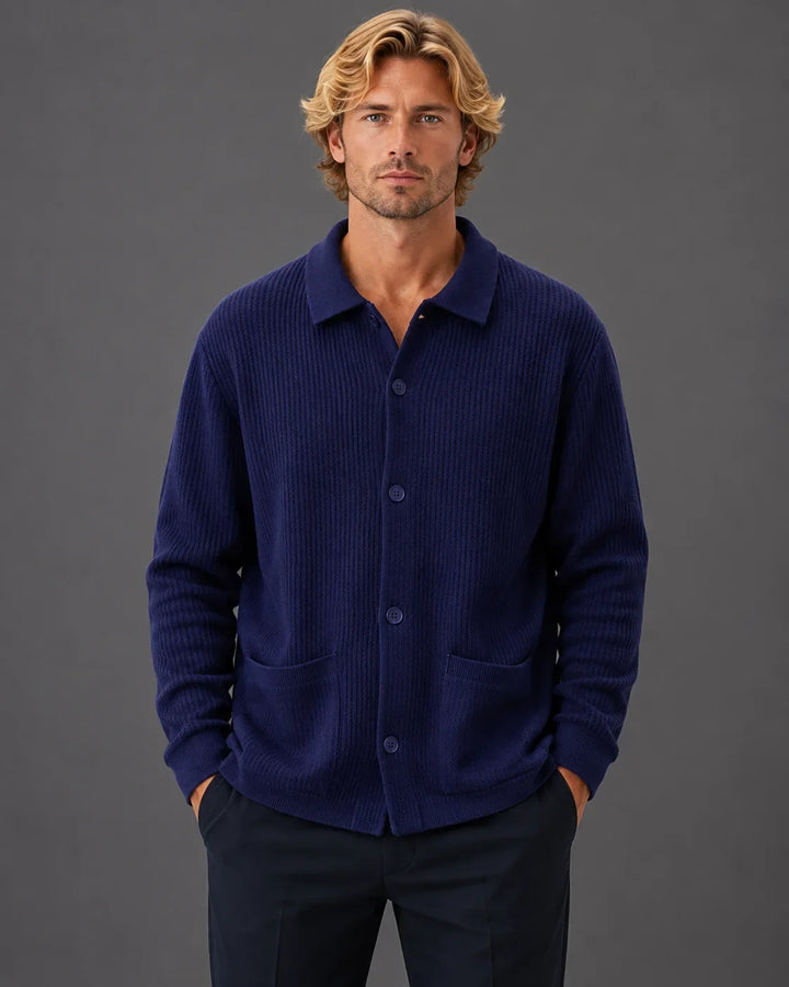 Textured Rib Knit Collared Button-Up Sweater