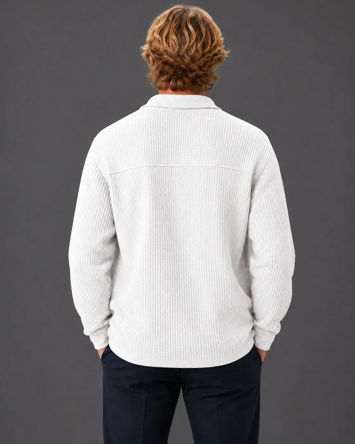 Textured Rib Knit Collared Button-Up Sweater