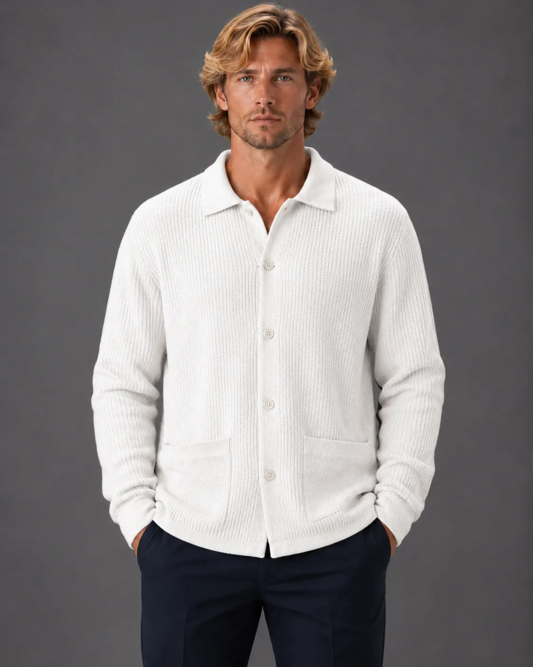 Textured Rib Knit Collared Button-Up Sweater