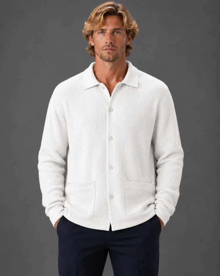 Textured Rib Knit Collared Button-Up Sweater