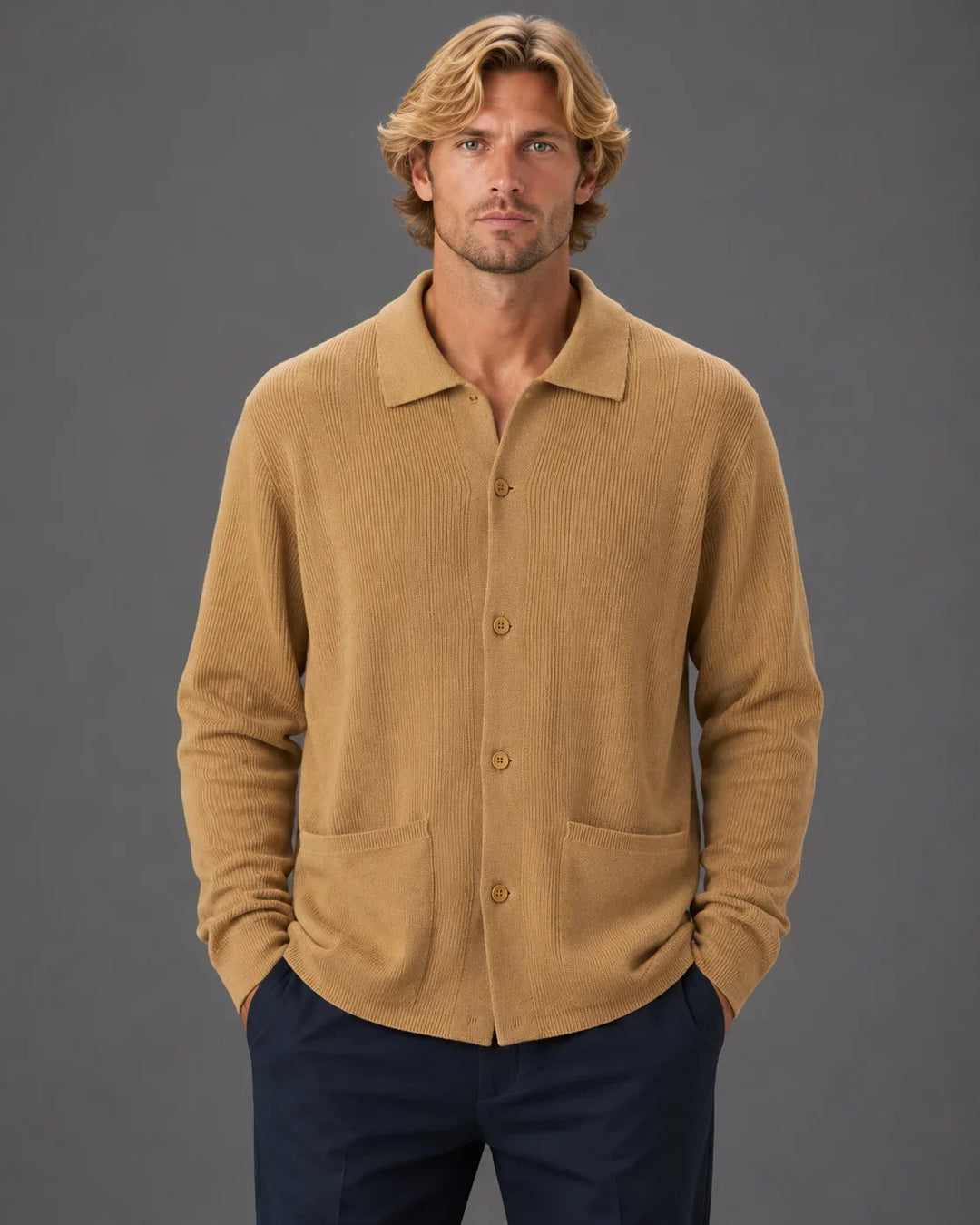 Tailored Knit Collared Button-Up Sweater