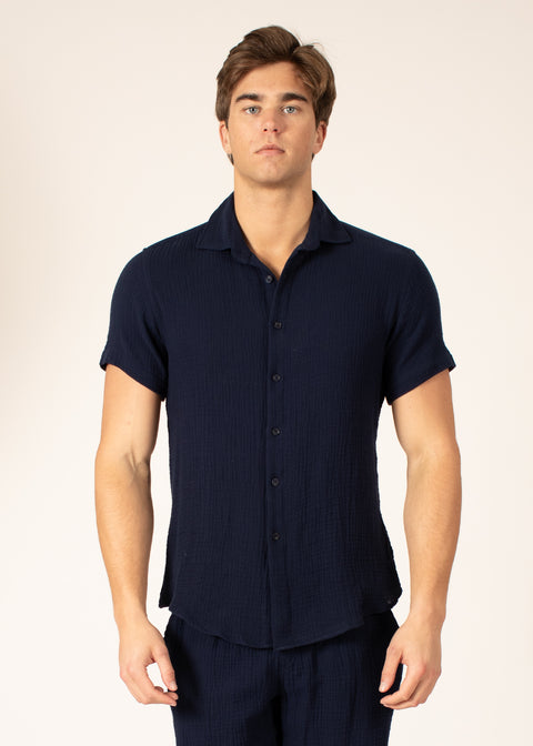 Cotton Texture Button Up Short Sleeve Dress Shirt
