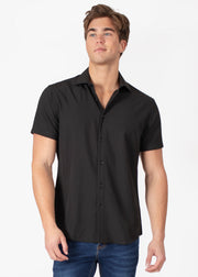 Men's Solid Black Short-Sleeve Dress Shirt with Inner Lining