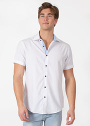 Fit White Short Sleeve Dress Shirt with Contrasting Inner Collar Textures