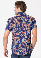 Short Sleeve Navy Dress Shirt with Abstract Paisley Print