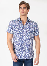 Short Sleeve White Dress Shirt with Abstract Paisley Print