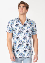 White Tropical Abstract Button Up Short Sleeve Dress Shirt